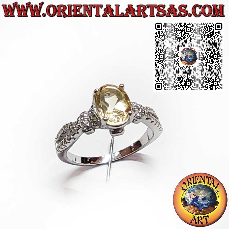925 Sterling Silver Ring with Oval Yellow Topaz and Side Zircons