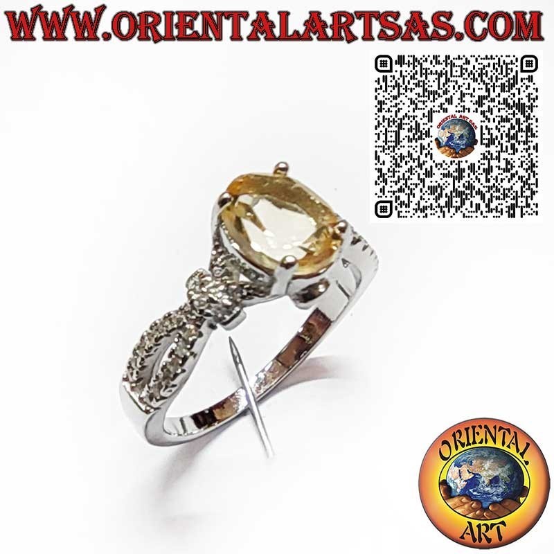 925 Sterling Silver Ring with Oval Yellow Topaz and Side Zircons