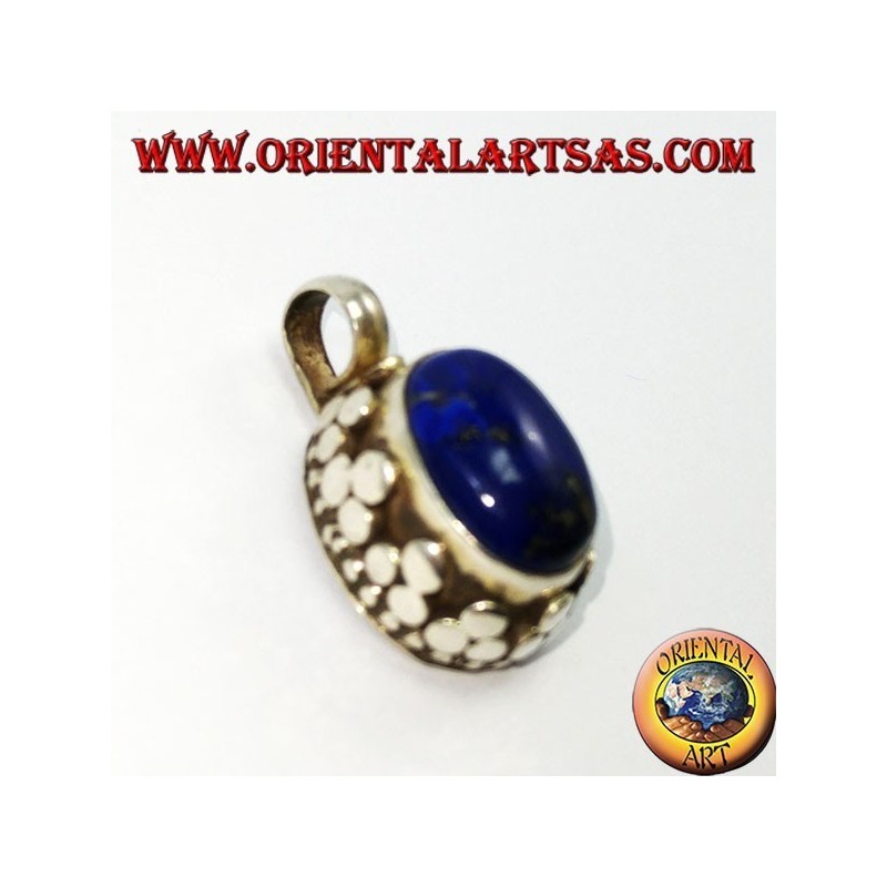 Silver pendant with oval natural lapis lace on high edge