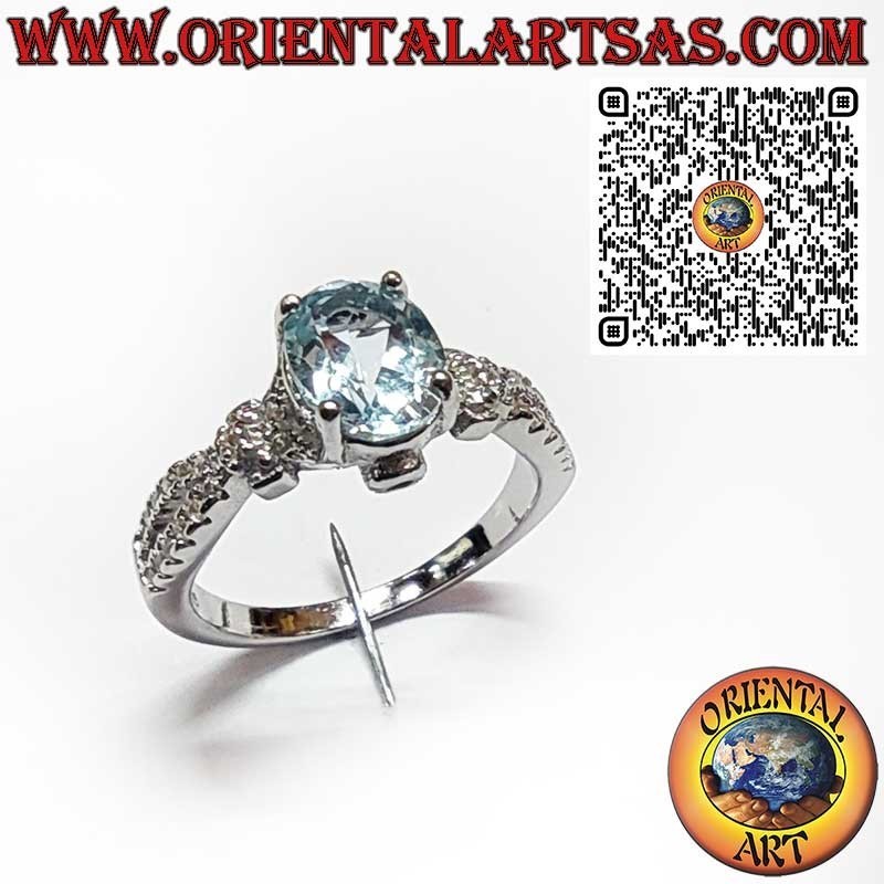 Bague en Argent 925 avec Topaze Bleue Ovale et Zircons Latéraux