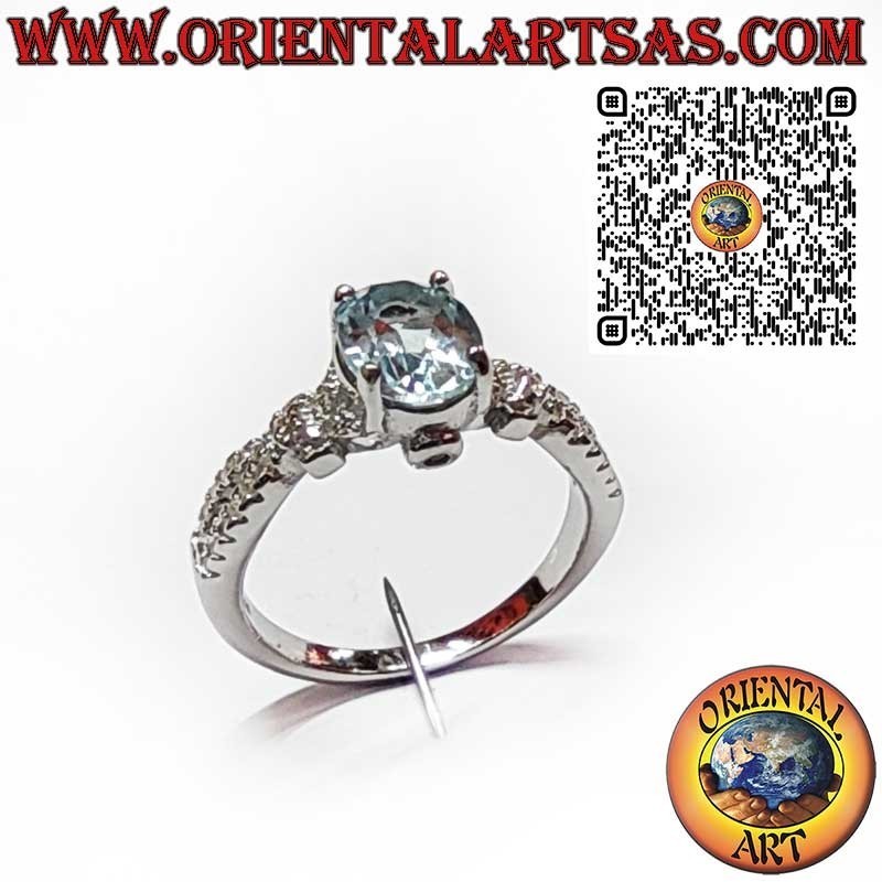 Bague en Argent 925 avec Topaze Bleue Ovale et Zircons Latéraux