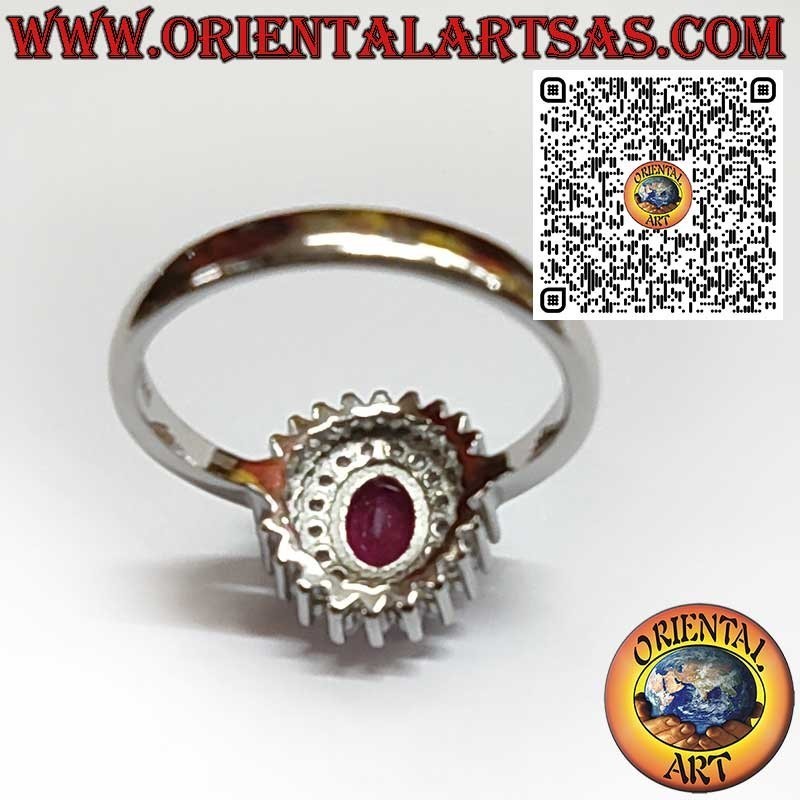 Anillo de Plata 925 con Rubí Natural Ovalado y Doble Fila de Circonitas