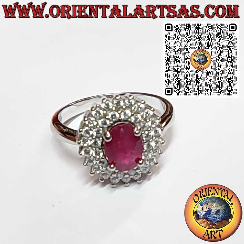 Bague en Argent 925 avec Rubis Naturel Ovale et Double Rang de Zirconium