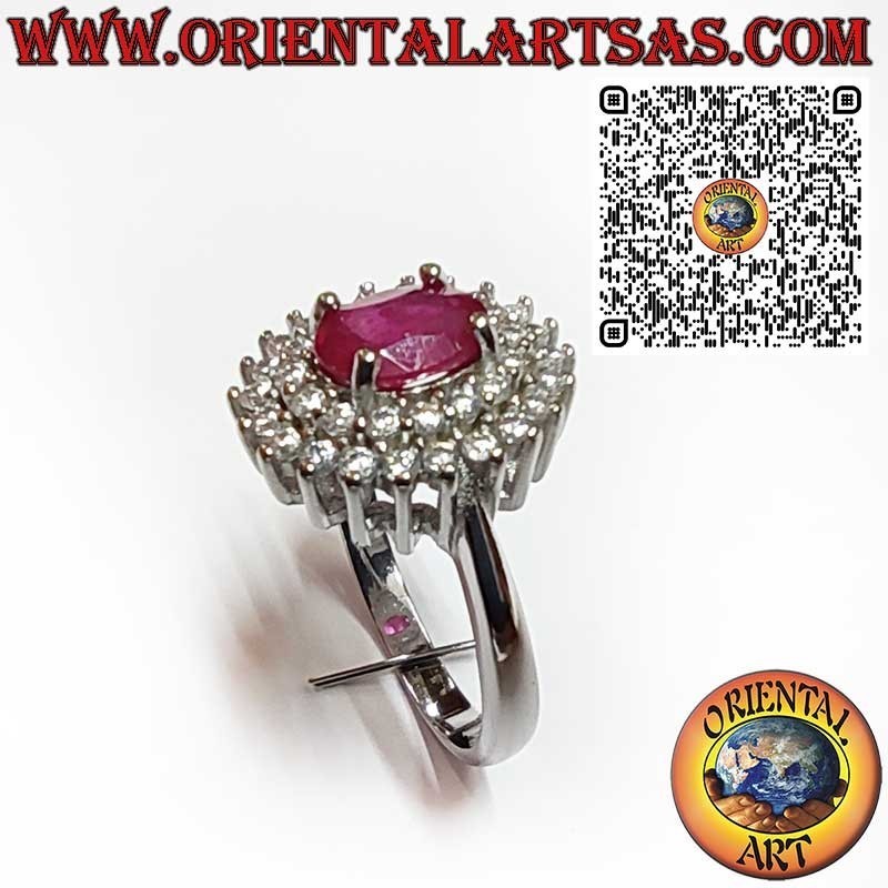Anello in Argento 925 con Rubino Naturale Ovale Contornato da Doppia Fila di Zirconi