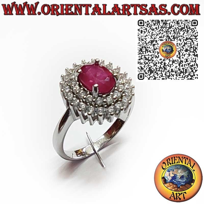 Anillo de Plata 925 con Rubí Natural Ovalado y Doble Fila de Circonitas