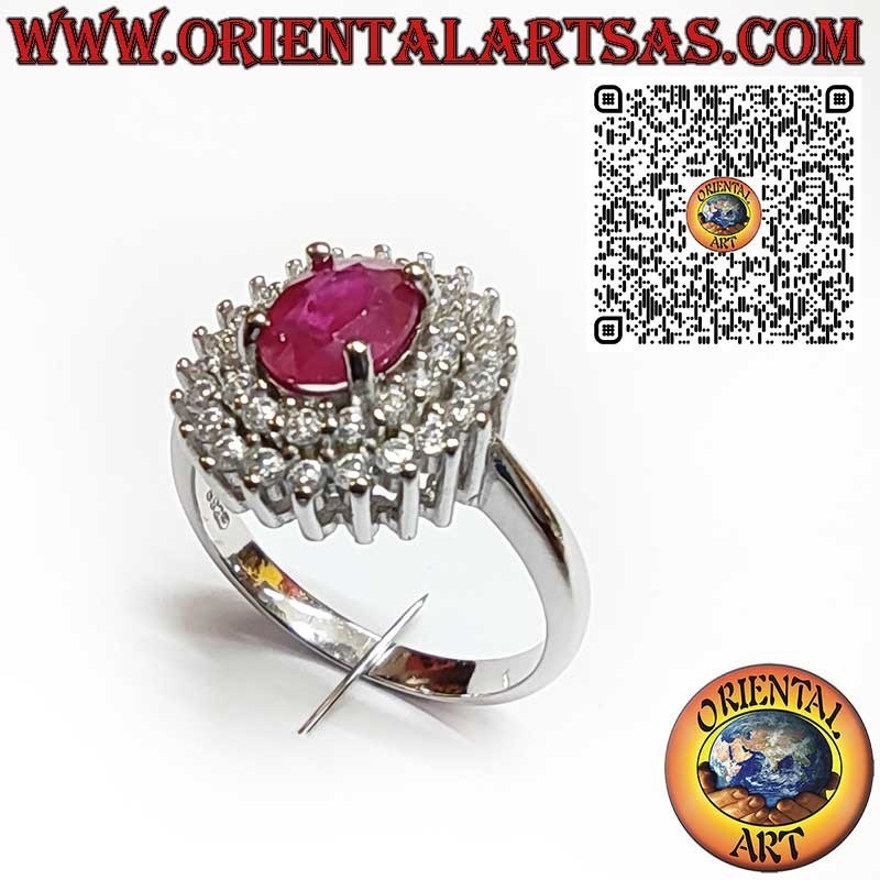 925 Sterling Silver Ring with Natural Oval Ruby and Double Row of Zirconia