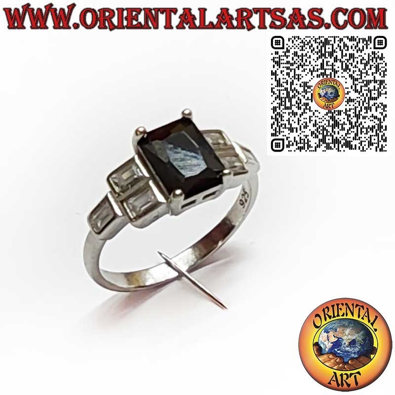 925 Sterling Silver Ring with Rectangular Black Spinel and Three Side Zircons