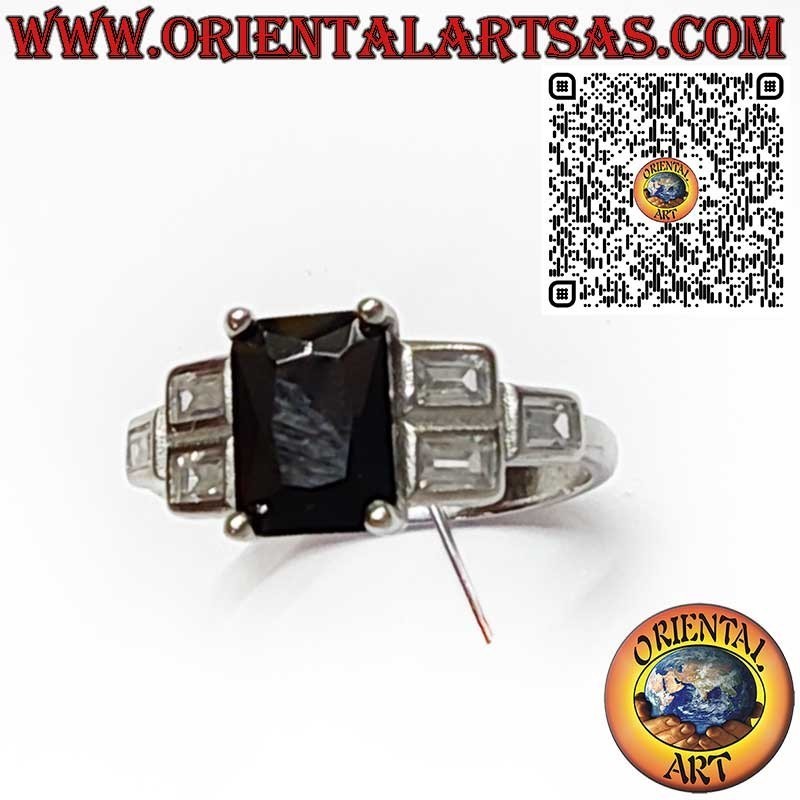 925 Sterling Silver Ring with Rectangular Black Spinel and Three Side Zircons