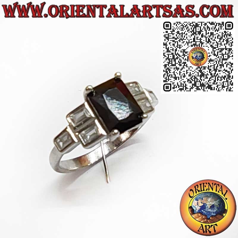 925 Sterling Silver Ring with Rectangular Black Spinel and Three Side Zircons