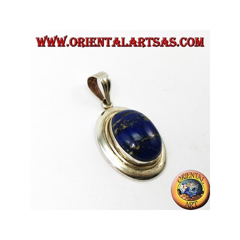 Pendentif en argent avec dentelle ovale naturelle à lapis sur bord lisse