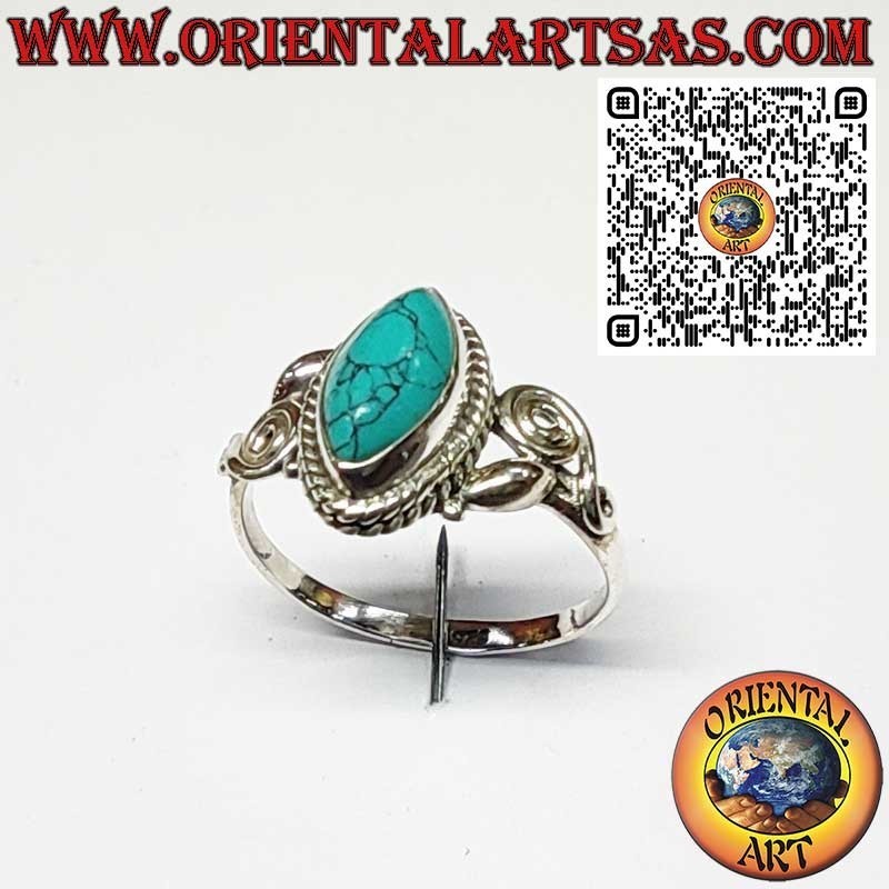 Anello in Argento 925 con Turchese a Navetta e Spirali Asimmetriche