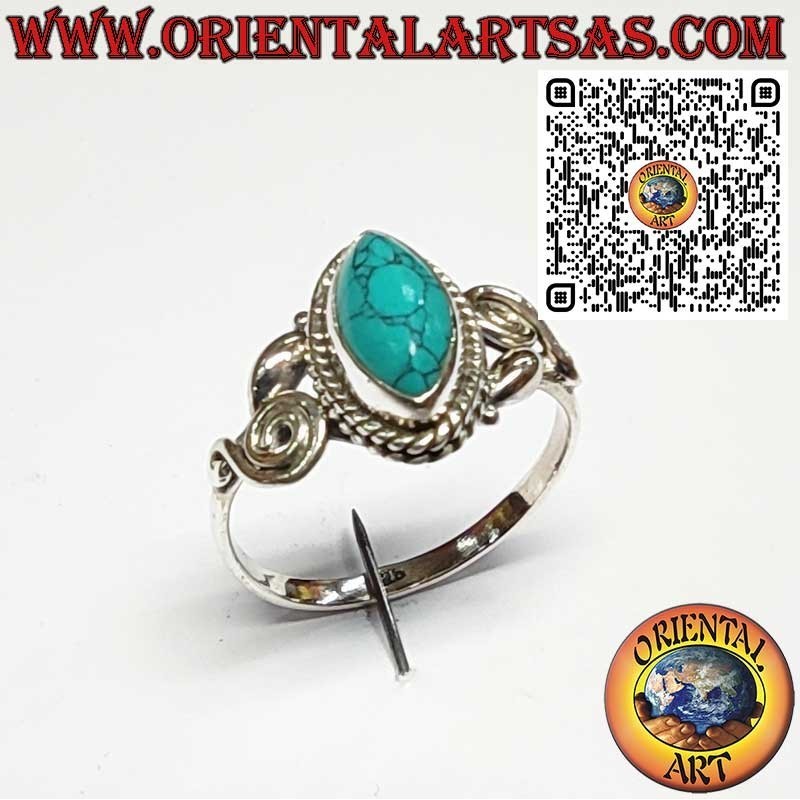 Bague en Argent 925 avec Turquoise Navette et Spirales Asymétriques