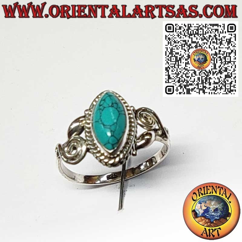 Anillo de Plata 925 con Turquesa Navette y Espirales Asimétricas