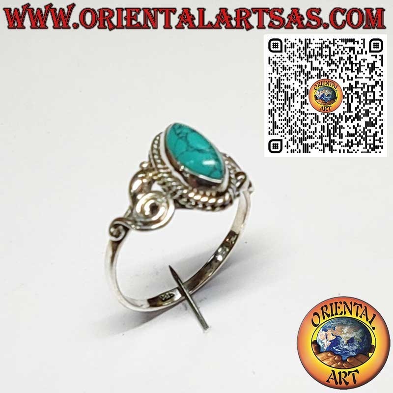 925 Sterling Silver Ring with Marquise Turquoise and Asymmetric Spiral Decorations