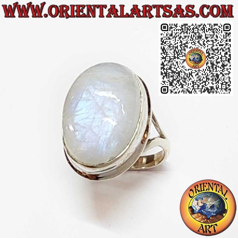 Anello in Argento 925 con Pietra di Luna Arcobaleno Ovale – Bordo Liscio e Montatura a V