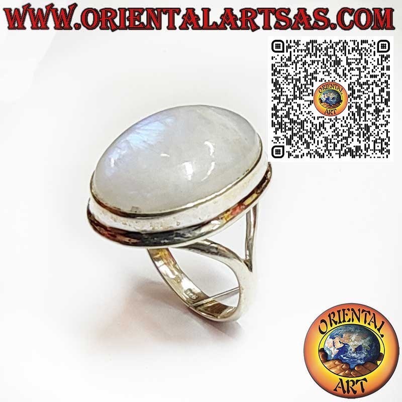 Bague en argent avec pierre de lune ronde ornée et spirale sur les côtés