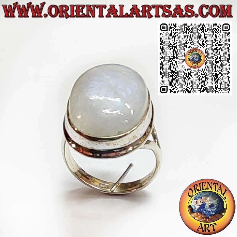 Anillo de plata con piedra de luna redonda adornada y espiral en los lados