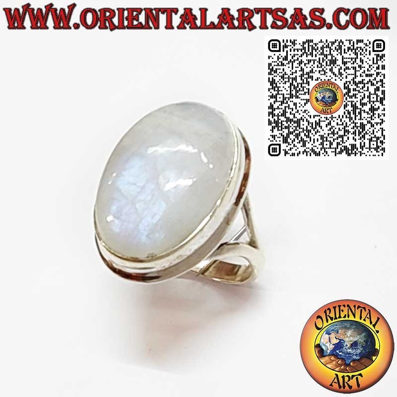 Silver ring with ornate round moonstone and spiral on the sides