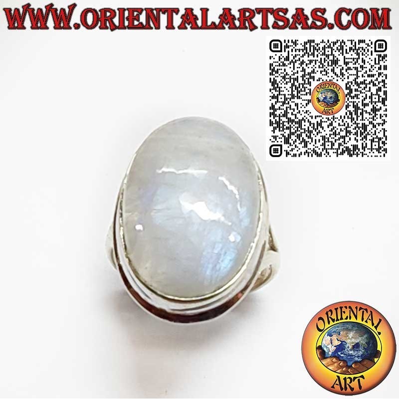 Anello in argento con pietra di luna tonda ornata e spirale sui lati