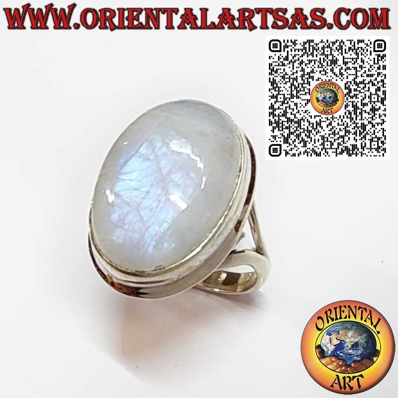 Anillo de plata con piedra de luna redonda adornada y espiral en los lados
