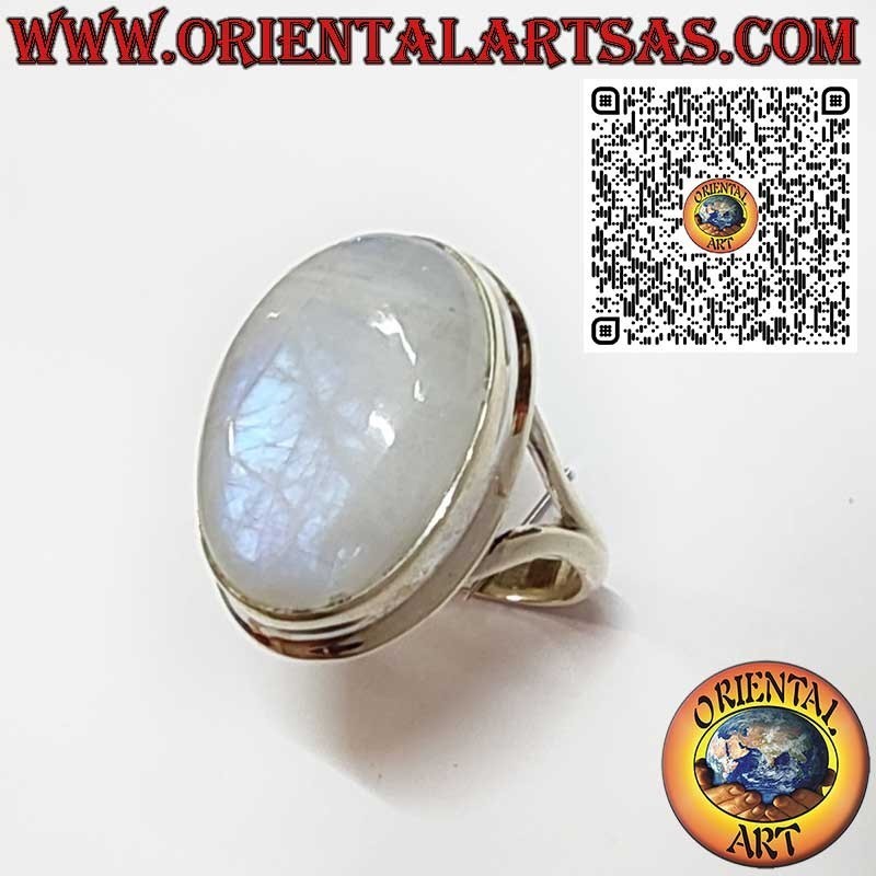 Silver ring with ornate round moonstone and spiral on the sides