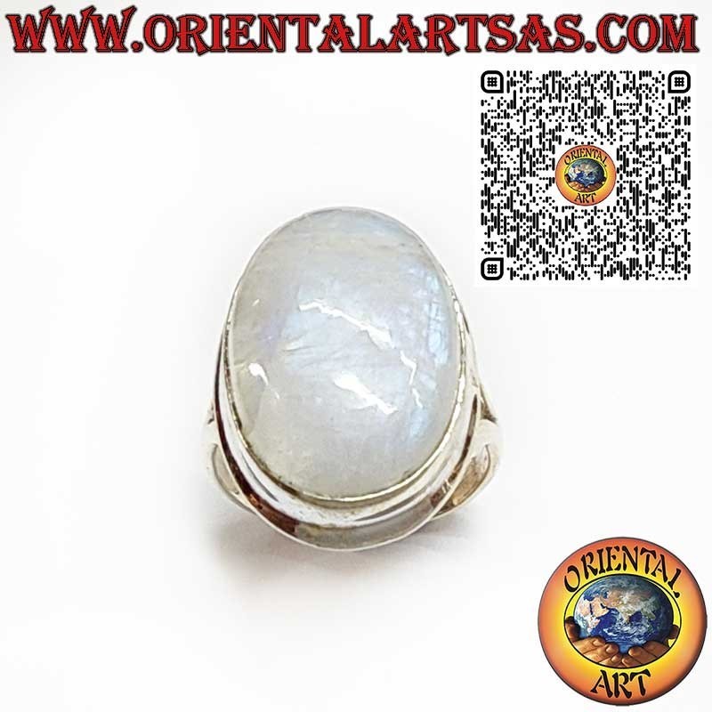 Anello in argento con pietra di luna tonda ornata e spirale sui lati