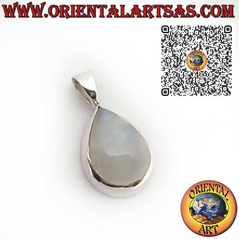 925 Sterling Silver Pendant with Pear-Cut Rainbow Moonstone Smooth Bezel