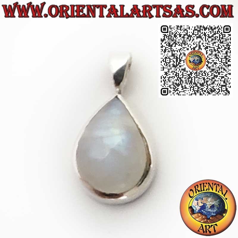 Colgante de Plata 925 con Piedra Luna Arcoíris en Forma de Gota y Engaste Liso