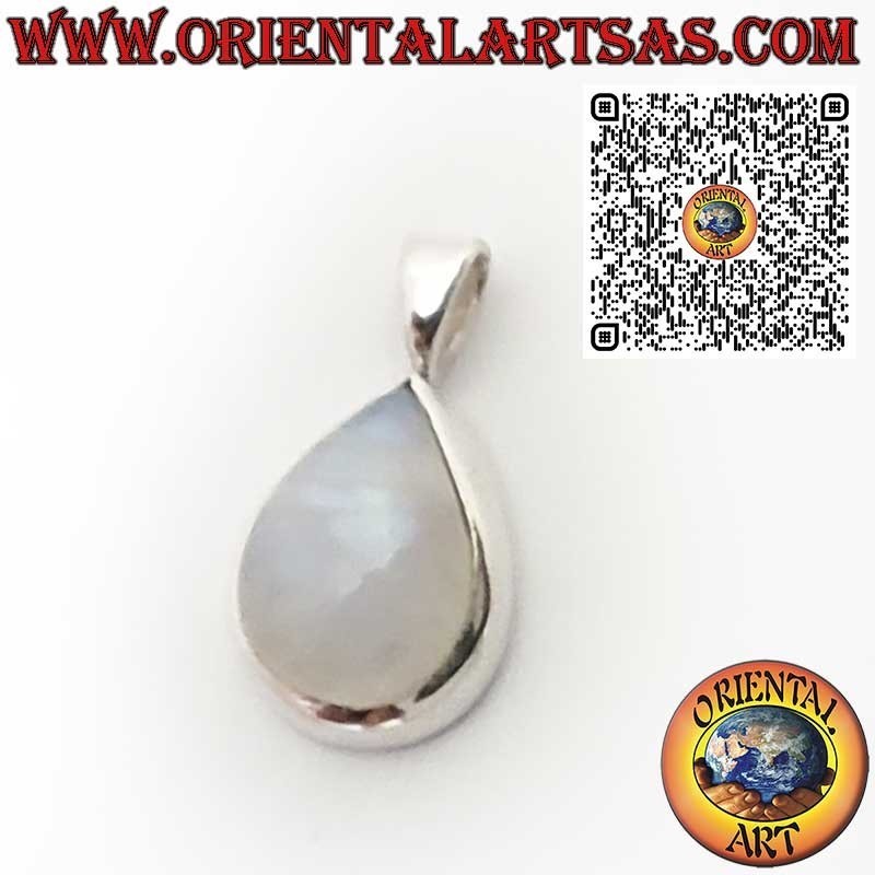 Pendentif en Argent 925 avec Pierre de Lune Arc-en-Ciel en Goutte et Sertissage Lisse