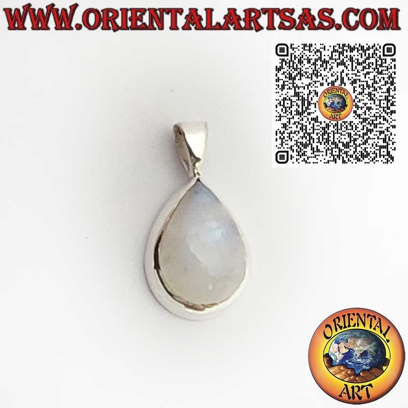 Colgante de Plata 925 con Piedra Luna Arcoíris en Forma de Gota y Engaste Liso