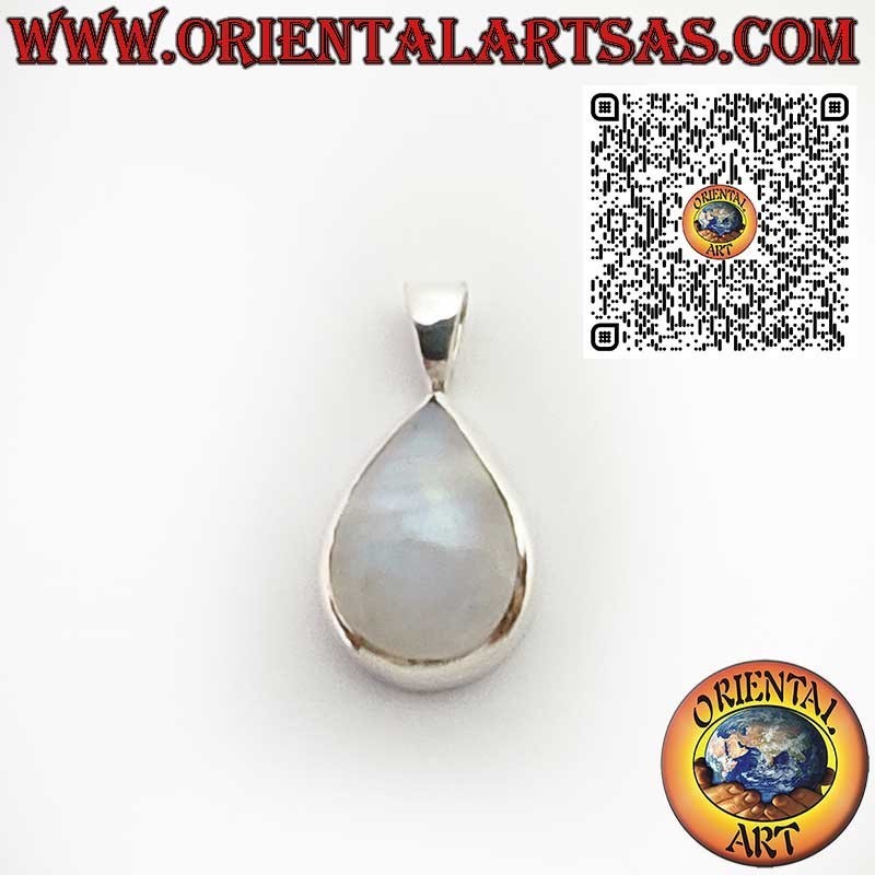 925 Sterling Silver Pendant with Pear-Cut Rainbow Moonstone Smooth Bezel