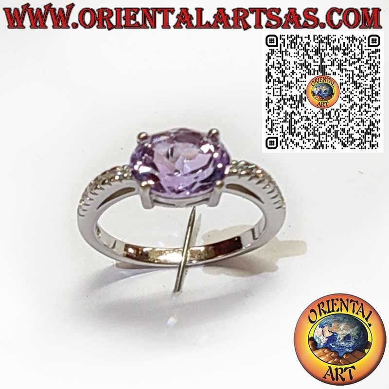 Anello in Argento 925 con Ametista Naturale Ovale – Montatura Trasversale e Zirconi Laterali
