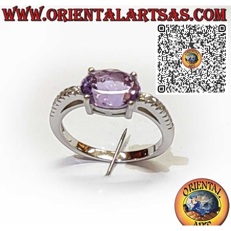 925 Sterling Silver Ring with Oval Natural Amethyst – Diagonal Setting and Side Zircons