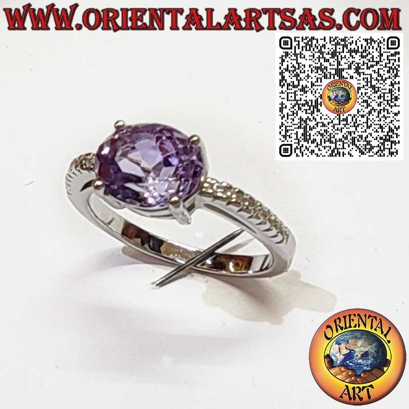 925 Sterling Silver Ring with Oval Natural Amethyst – Diagonal Setting and Side Zircons
