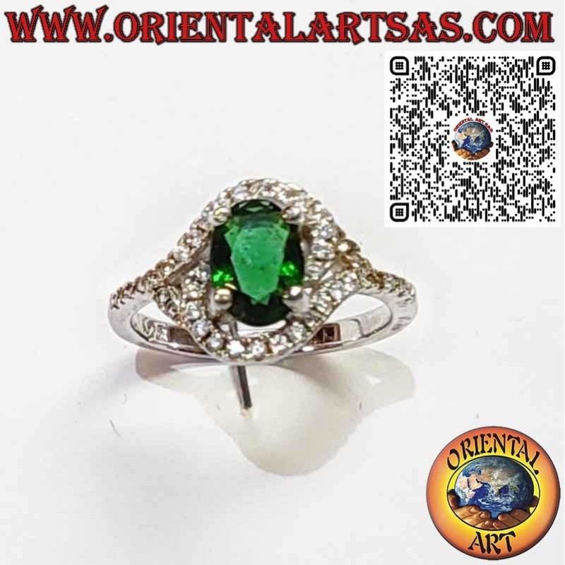 925 Sterling Silver Ring with Oval Emerald and Asymmetric Zircons