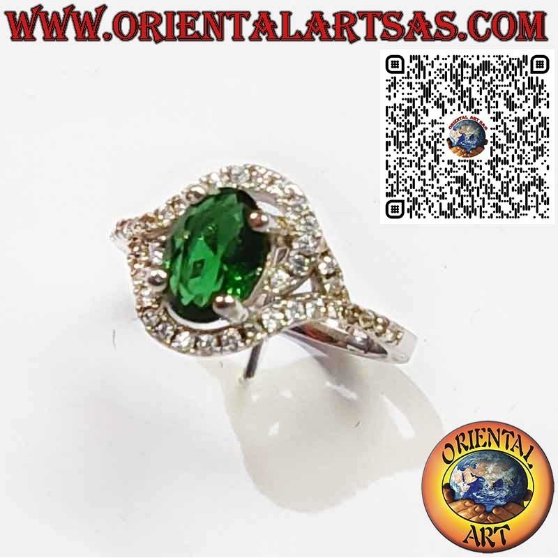 925 Sterling Silver Ring with Oval Emerald and Asymmetric Zircons