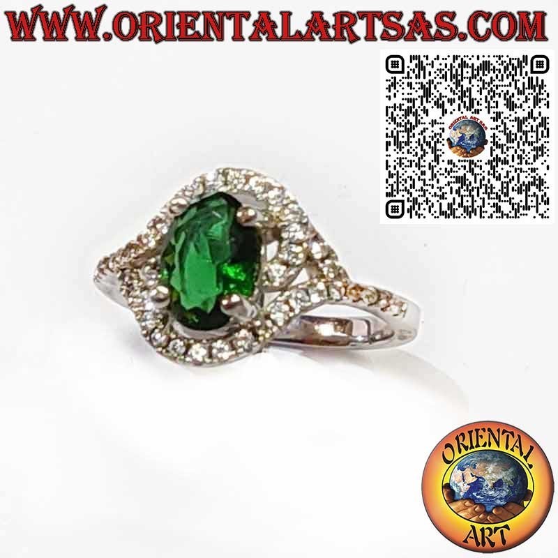Bague en Argent 925 avec Émeraude Ovale et Zircons Asymétriques