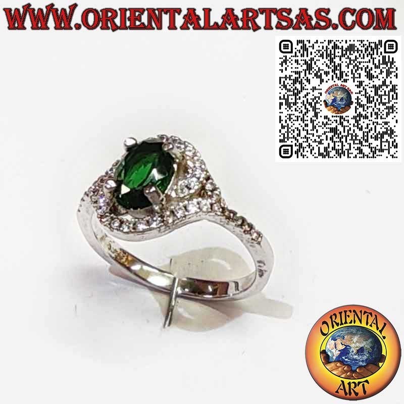 Bague en Argent 925 avec Émeraude Ovale et Zircons Asymétriques
