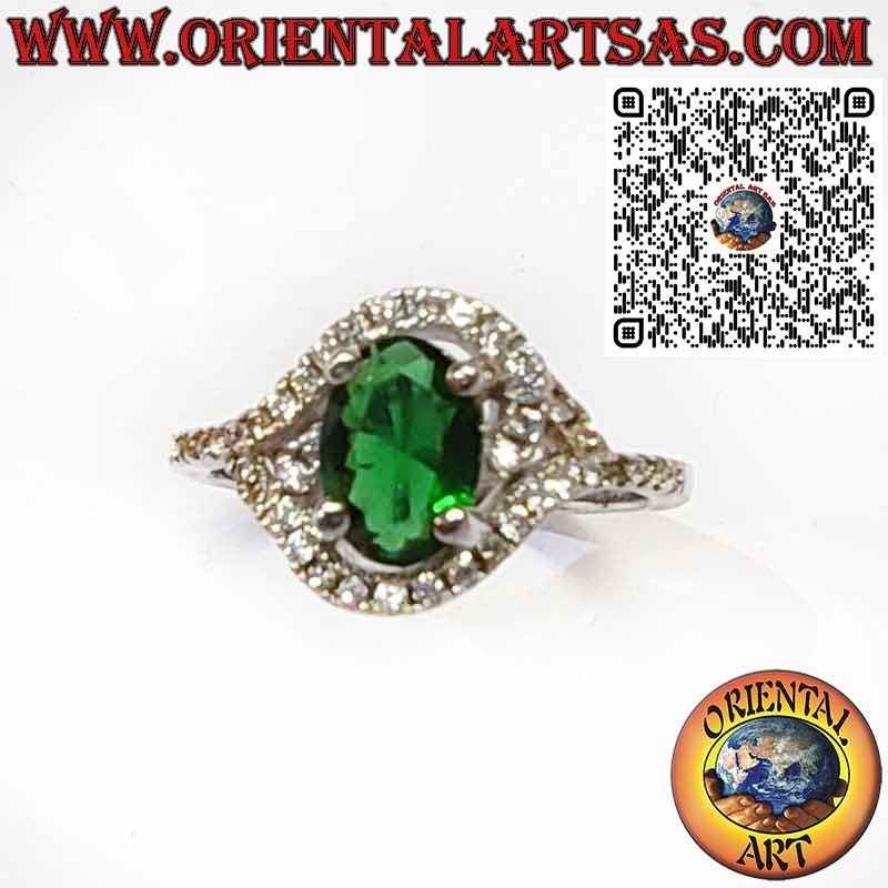 925 Sterling Silver Ring with Oval Emerald and Asymmetric Zircons
