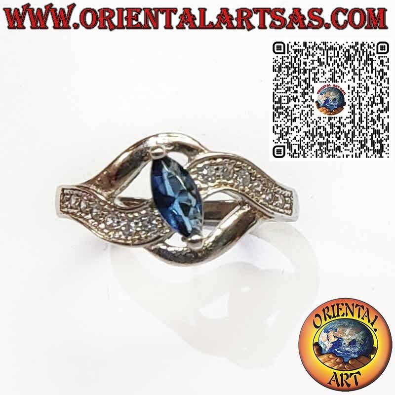 Bague en Argent 925 avec Saphir Navette et Monture Ondulée avec Zircons