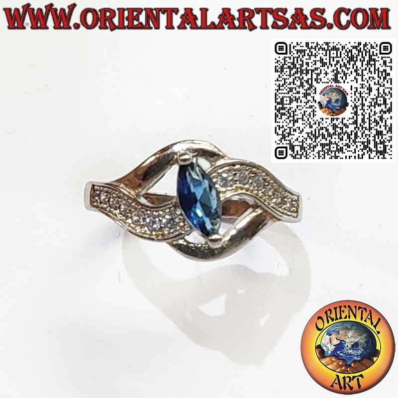 Anillo de Plata 925 con Zafiro Navette y Montura Ondulada con Circonitas