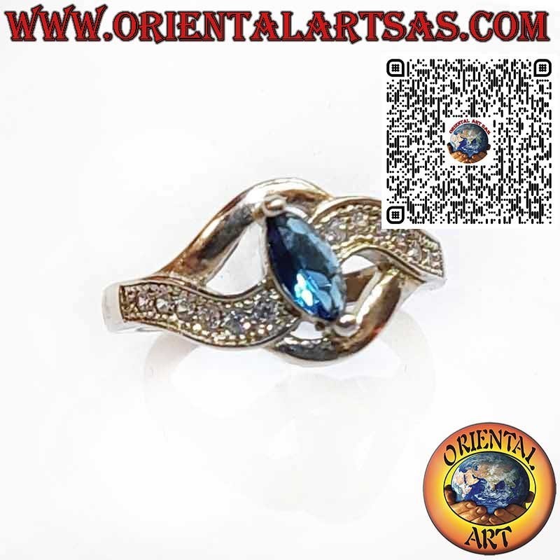 Anillo de Plata 925 con Zafiro Navette y Montura Ondulada con Circonitas