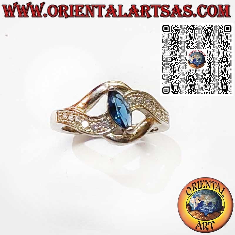 Bague en Argent 925 avec Saphir Navette et Monture Ondulée avec Zircons