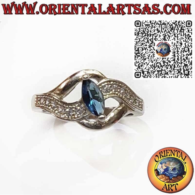 925 Sterling Silver Ring with Marquise Sapphire and Wavy Setting with Zircons