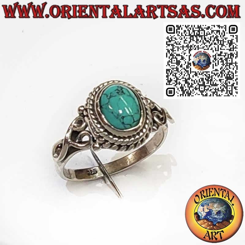 Bague en Argent 925 avec Turquoise Ovale et 2 Tresses