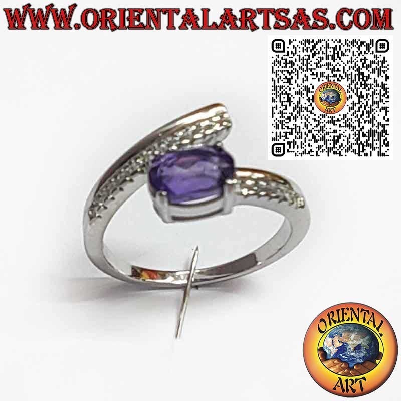 Bague en Argent 925 Enveloppante avec Améthyste Naturelle Ovale et Zircons