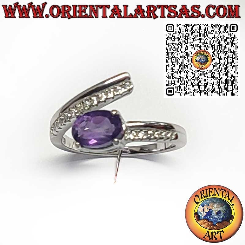 Anillo de Plata 925 Envolvente con Amatista Natural Ovalada y Circonitas