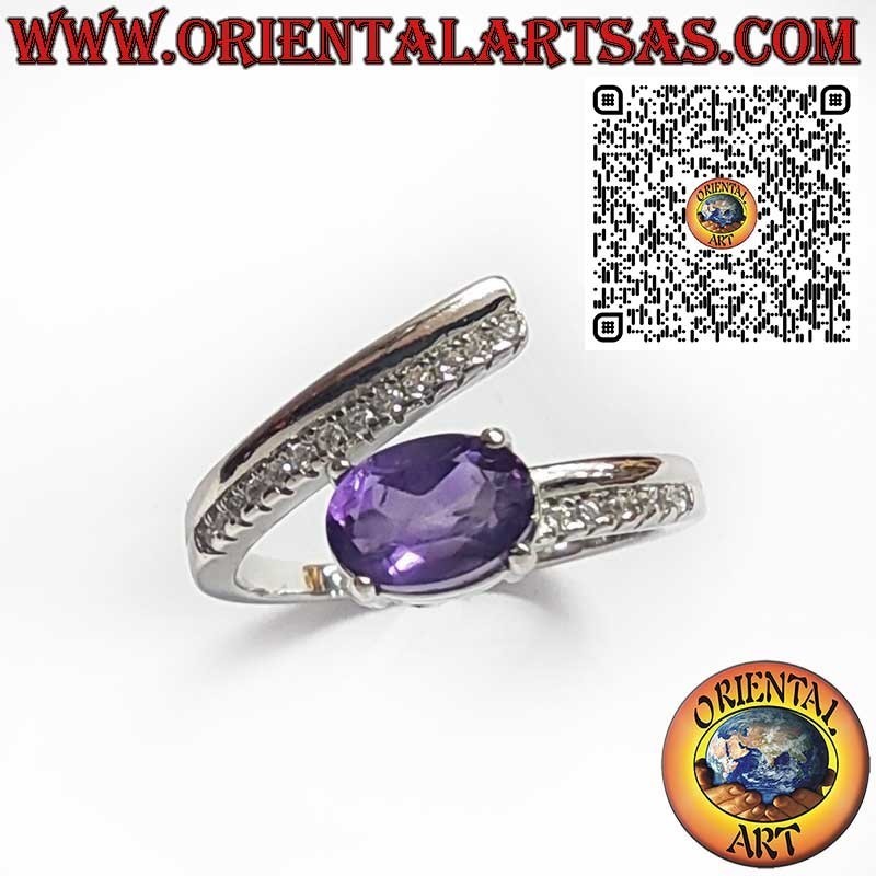 Anillo de Plata 925 Envolvente con Amatista Natural Ovalada y Circonitas