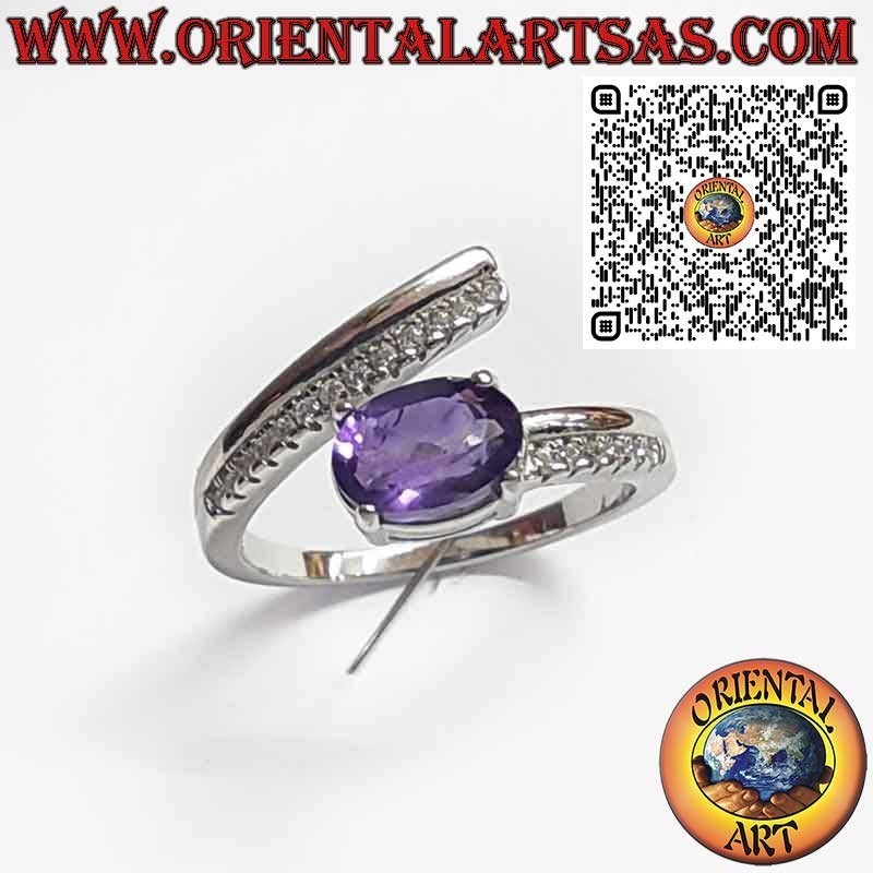 Bague en Argent 925 Enveloppante avec Améthyste Naturelle Ovale et Zircons