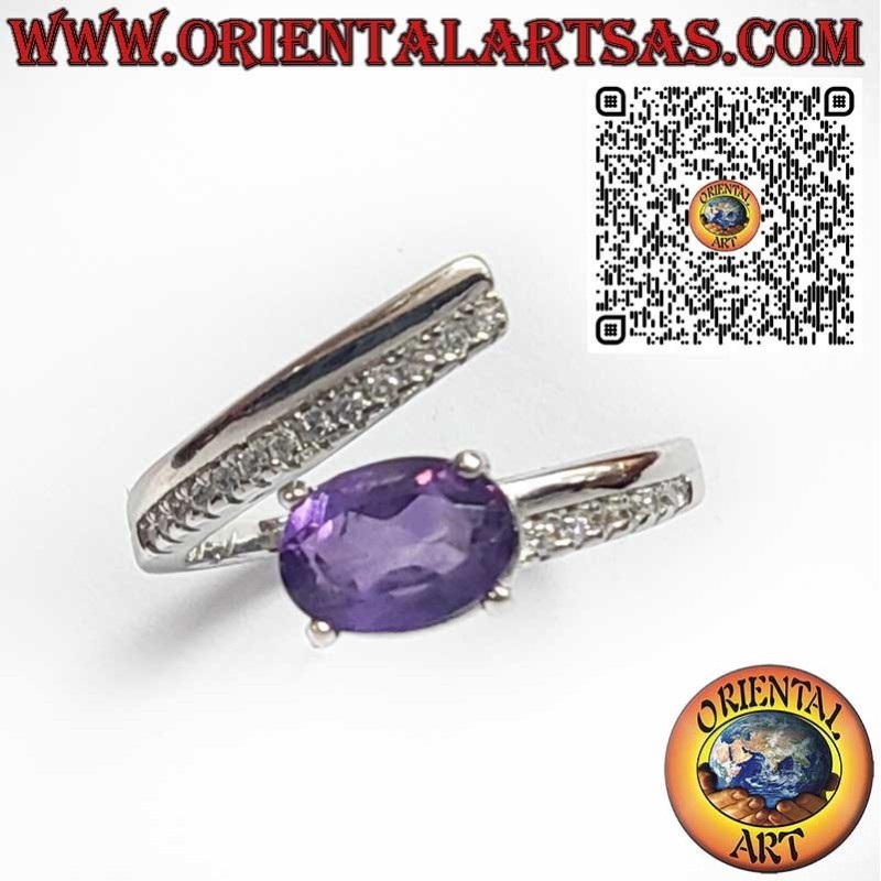 Bague en Argent 925 Enveloppante avec Améthyste Naturelle Ovale et Zircons